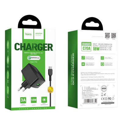 Купить Home Charger | 18W | QC3.0 | USB C Cable (1m) &mdash; Hoco C70A &mdash; Black Ц-000068586 - KMT5