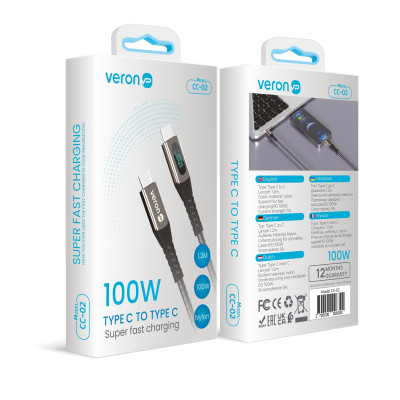 Купить Кабель USB C to C 100W PD (1.2m) Veron CC02 Nylon LCD — Black Ц-000075678 - KMT5
