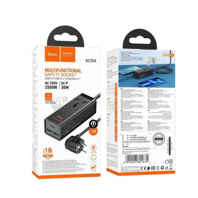 Купить Мережевий фільтр 2500W 2U | 1P | 1C 30W | 1.5m — Hoco AC9A — Black Ц-000080503 - KMT5