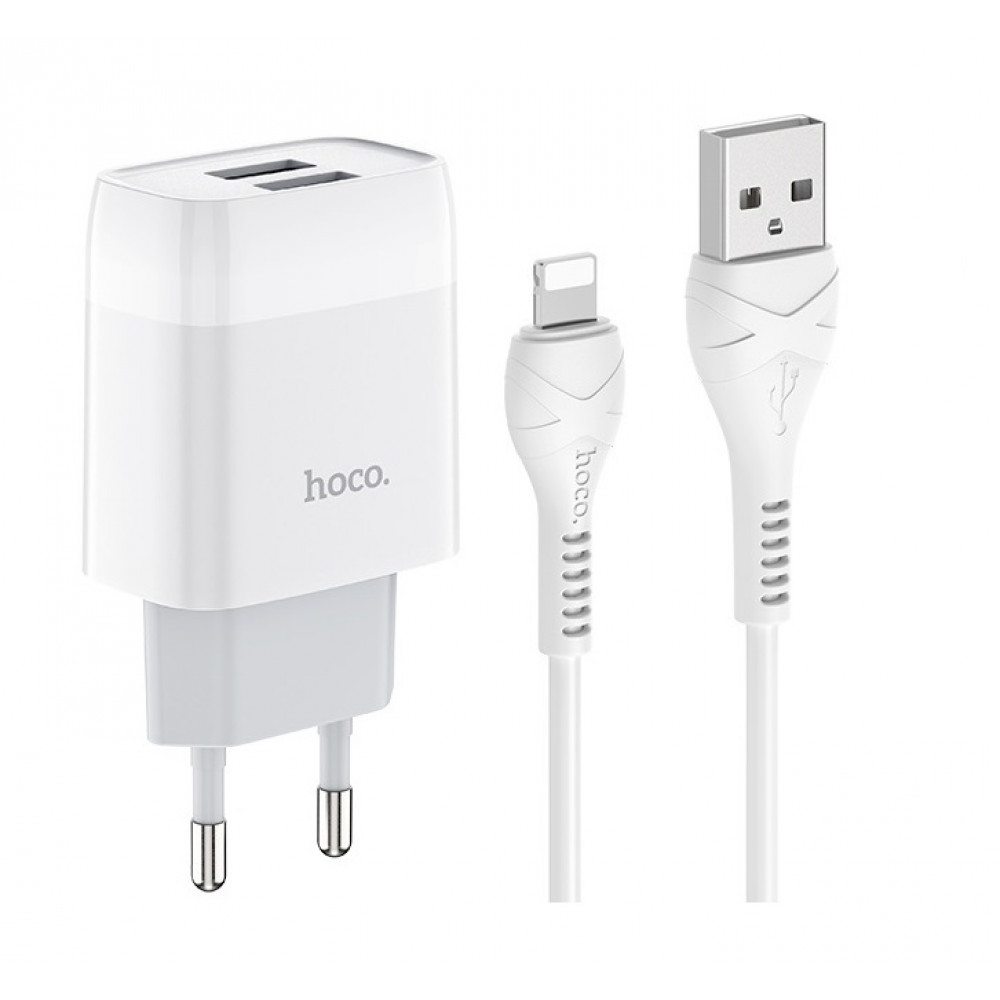 Home Charger 2.4A 2U Lightning Cable (1m) Hoco C73A — White