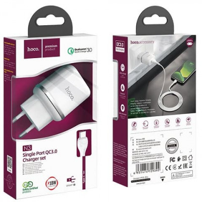 Купить Home Charger 18W QC3.0 USB C Cable (1m) Hoco N3 &mdash; Black Ц-000071424 - KMT5