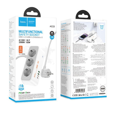 Купить Фільтр живлення 2500W 2U | 3P | 2C 65W | 2m — Hoco AC23 Ц-000080500 - KMT5