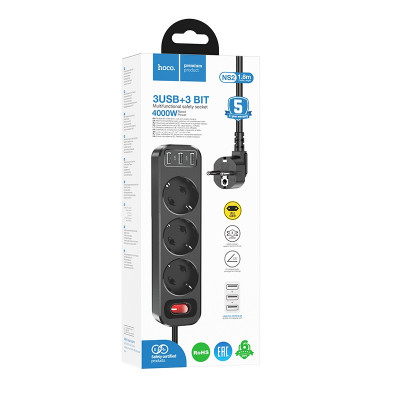 Купить Мережевий фільтр 4000W 2U | 4P | 1C 20W | 1.8m | EU — Hoco NS2 — Black Ц-000077488 - KMT5