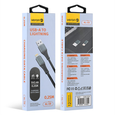 Купить Кабель Lightning 2.4A (0.25m) Veron NL09 Nylon Ц-000072605 - KMT5