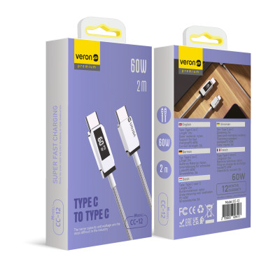 Купить Кабель USB C to C 60W PD (2m) Veron CC12 Nylon LCD — Black Ц-000075679 - KMT5