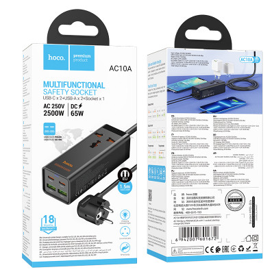 Купить Мережевий фільтр 2500W 2U | 1P | 2C 65W | 1.5m — Hoco AC10A  — Black Ц-000080502 - KMT5