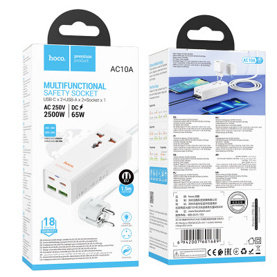 Купить Мережевий фільтр 2500W 2U | 1P | 2C 65W | 1.5m — Hoco AC10A  — White Ц-000080502 - KMT5