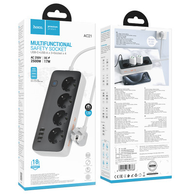 Купить Фільтр живлення 2500W 3U | 4P | 1C 17W | 2m — Hoco AC21 — Black Ц-000080501 - KMT5