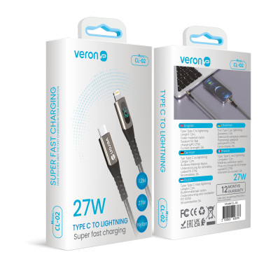 Купить Кабель USB C to Lightning 27W PD (1.2m) Veron CL02 Nylon LCD — Black Ц-000075677 - KMT5