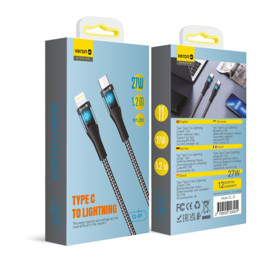 Купить Nylon Cable USB C to Lightning 27W PD (1.2m) — Veron CL05 LED — Black Ц-000075681 - KMT5