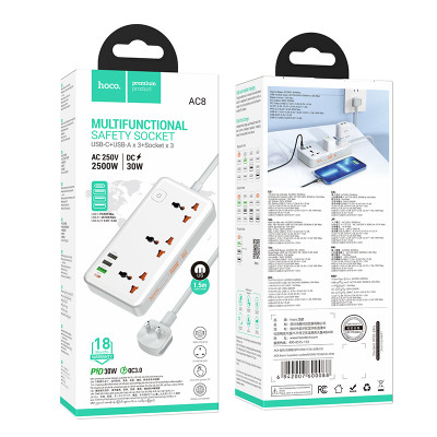 Купить Мережевий фільтр 2500W 3U | 3P | 1C 30W | 1.5m — Hoco AC8A — White Ц-000080504 - KMT5