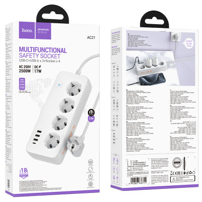 Купить Фільтр живлення 2500W 3U | 4P | 1C 17W | 2m — Hoco AC21 — White Ц-000080501 - KMT5