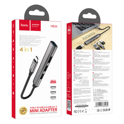 Купить USB HUB : USB C To 4 USB &mdash; Hoco HB26  &mdash; Metal grey Ц-000080597 - KMT5