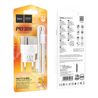 Купить Home Charger 30W PD QC3.0 C to C Cable (1m) Hoco C131A __ &mdash; Transparent Black Ц-000078180 - KMT5