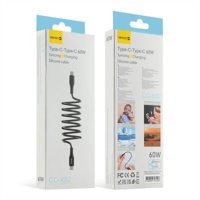 Купить Silicone Cable USB C to C 60W PD (1m) &mdash; Veron CC- X82 &mdash; Black Ц-000080238 - KMT5