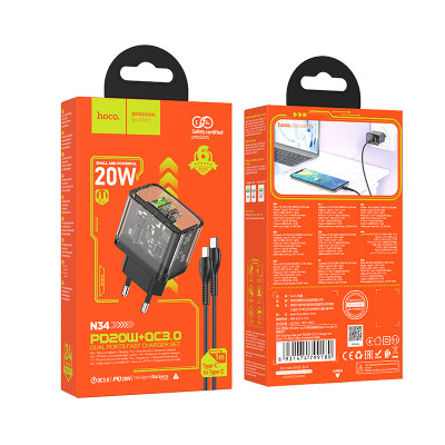 Купить Home Charger 20W 1U 1C PD QC3.0 C to C Cable (1m) Hoco N34 Dazzling __ &mdash; Transparent Black Ц-000077493 - KMT5