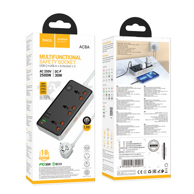 Купить Мережевий фільтр 2500W 3U | 3P | 1C 30W | 3m — Hoco AC8A — Black Ц-000081409 - KMT5