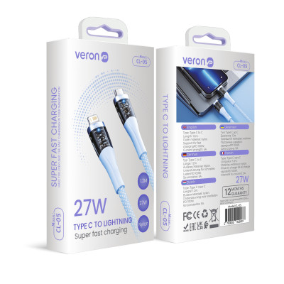 Купить Кабель USB C to Lightning 27W PD (1.2m) — Veron CL05 Nylon Blue — Silver Ц-000075792 - KMT5