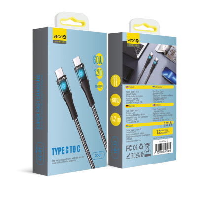 Купить Кабель USB C to C 60W PD (1.2m) Veron CC01 Nylon LED — Black Ц-000075682 - KMT5
