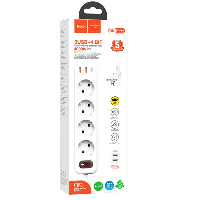 Купить Мережевий фільтр 4000W 2U | 4P | 1C 20W | 1.8m | EU — Hoco NS1 — White Ц-000077489 - KMT5