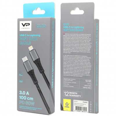 Купить Кабель USB C to Lightning 20W PD (1m) Veron CL09s Nylon Ц-000073194 - KMT5