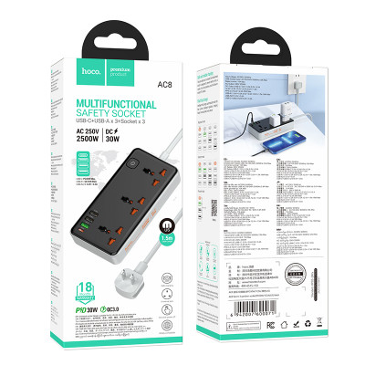 Купить Мережевий фільтр 2500W 3U | 3P | 1C 30W | 1.5m — Hoco AC8A — Black Ц-000080504 - KMT5