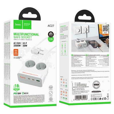 Купить Power Extension 1U | 2P | 2C — Hoco AC27 L=2M  — White Ц-000081783 - KMT5